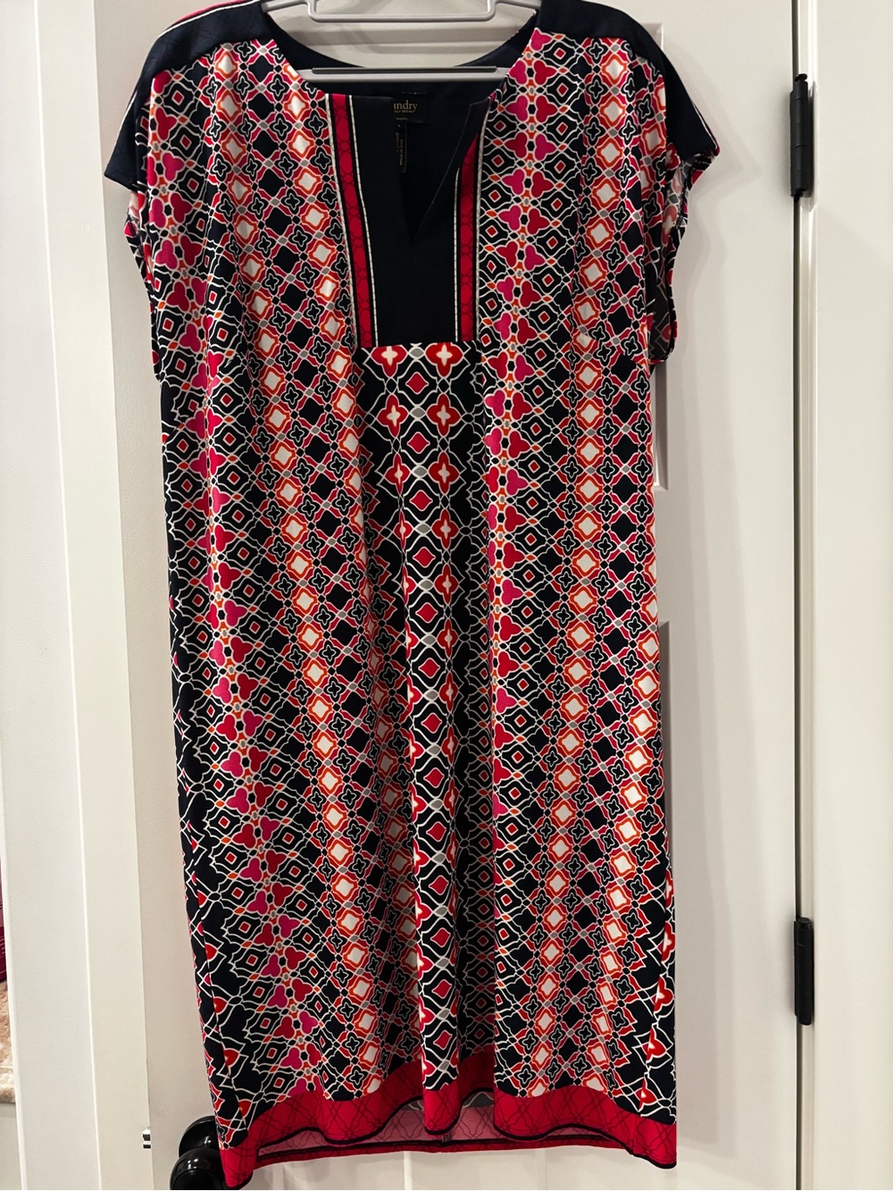 Laundry By Shelli Segal Midnight Blue, Red and Pink Geometric Midi Dress
